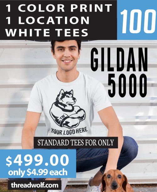 100 White Gildan Shirts for $499.00