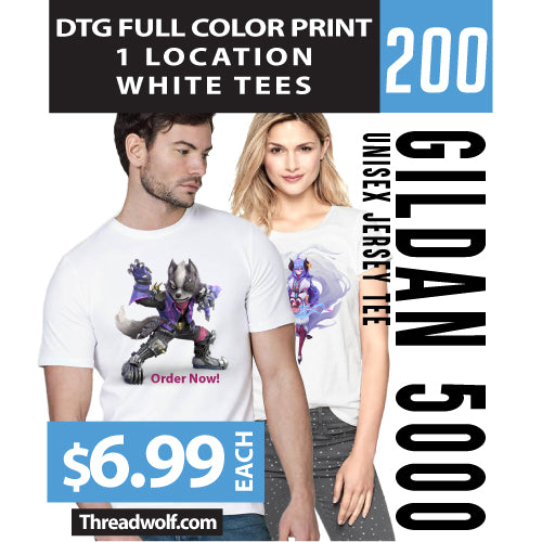 200 Full Color DTG White Shirts for $1395