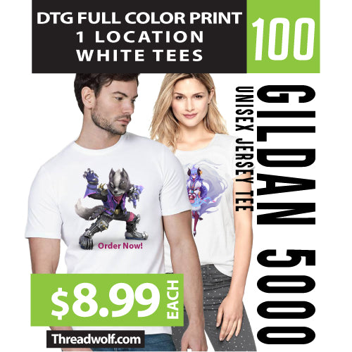100 Full Color DTG White Shirts for $899