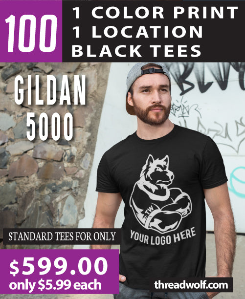100 Black Gildan Shirts for $599.00