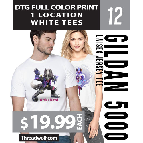 12 Full Color DTG White Shirts for $240