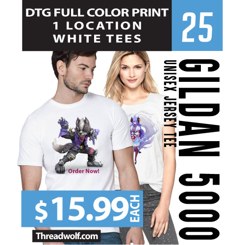 25 Full Color DTG White Shirts for $400