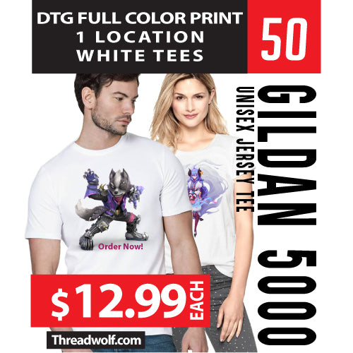 50 Full Color DTG White Shirts $650