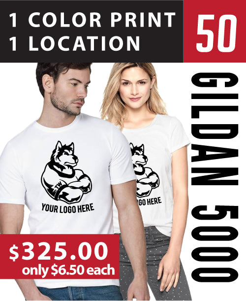 50 White Gildan Shirts for $325.00