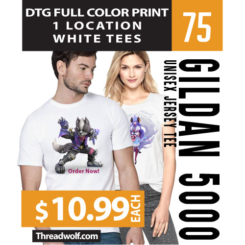 75 Full Color DTG White Shirts for $825